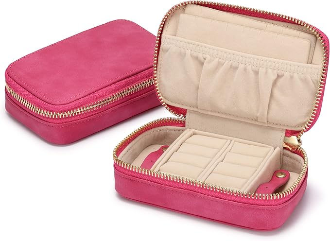 HISCOW Vegan Leather Travel Jewelry Case with Zipper - Portable Necklace & Earring Holder Organizer for Women Girls, Velvet-Lined Ring Box with Anti-Tarnish Design, Rose Red
