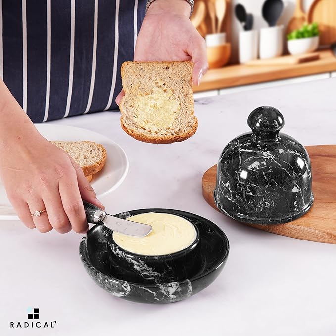 Radicaln Marble Butter Dish With Lid For Countertop 6" Inches Black Zebra Handmade Butter Spreader For Kitchen Accessories, Ideal Butter Crock for Butter & French Butter Holder