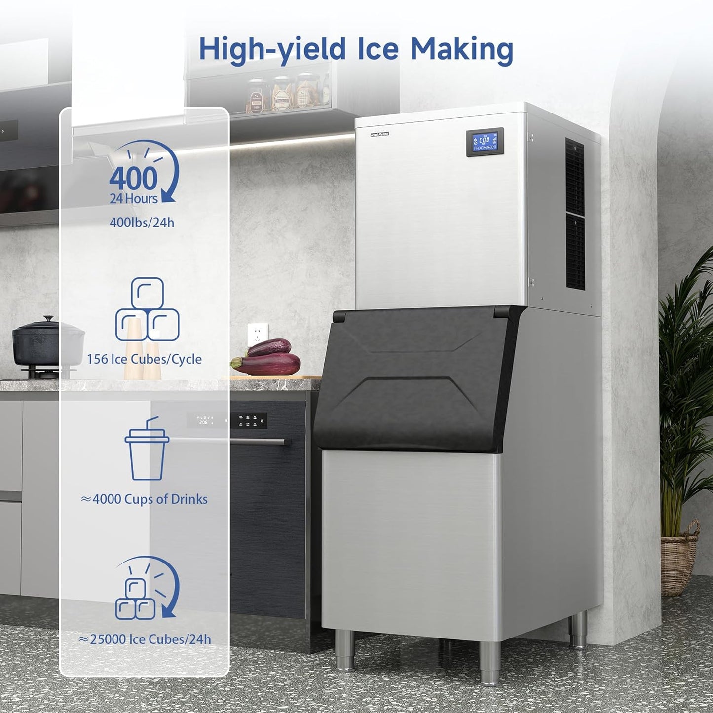 Real Relax Commercial Ice Machine 400LBS/24H, ETL Approved Industrial Ice Maker Machine with 330 LBS Storage Bin, Ice Scoop, Auto Self-Cleaning, LCD Display for Restaurant Bar Café