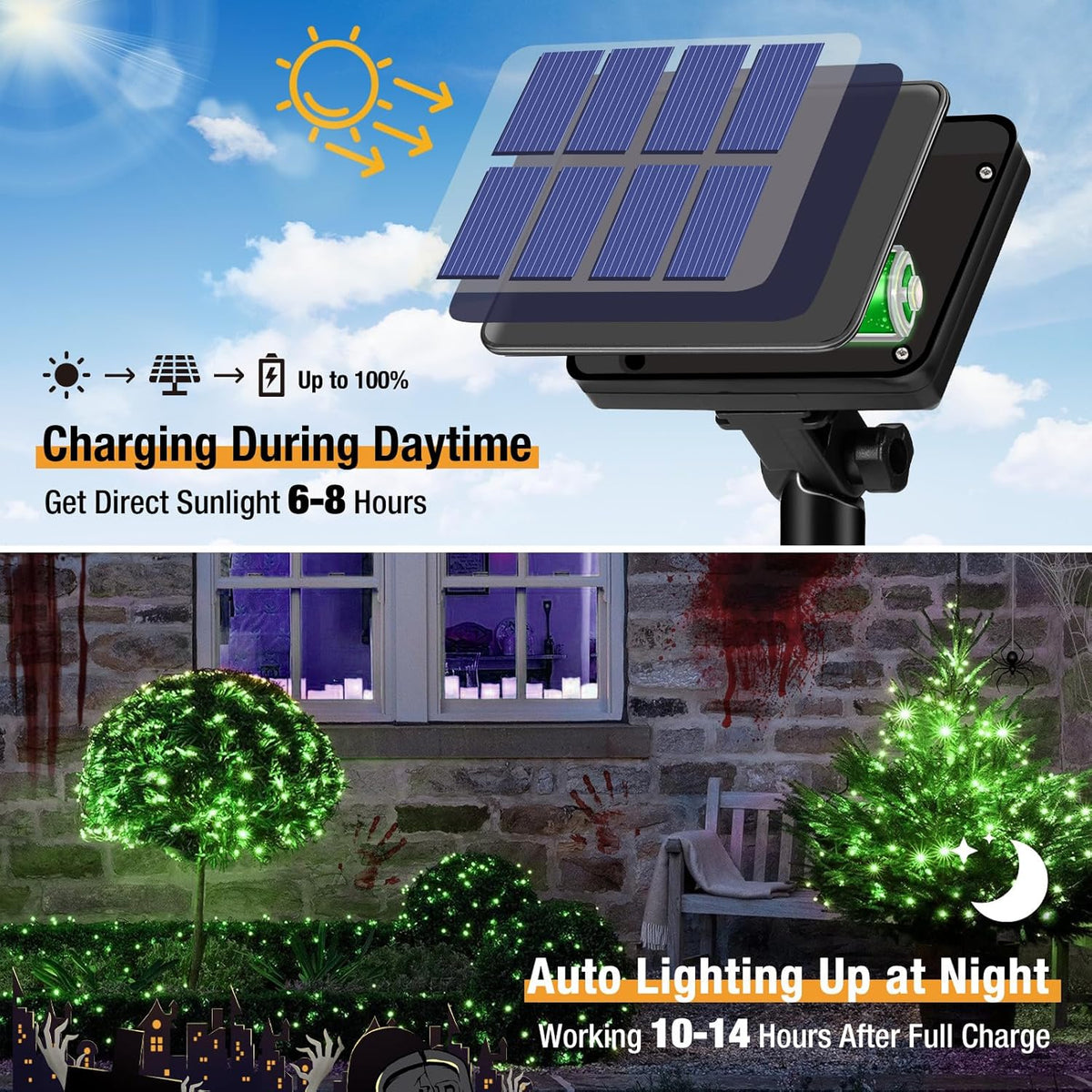 btfarm 2 Pack Solar String Lights Outdoor, 160LED 66FT Halloween Solar Fairy Lights Outside Waterproof, 8 Modes Solar Powered Twinkle Lights for Tree Garden Patio Halloween Decorations, Green