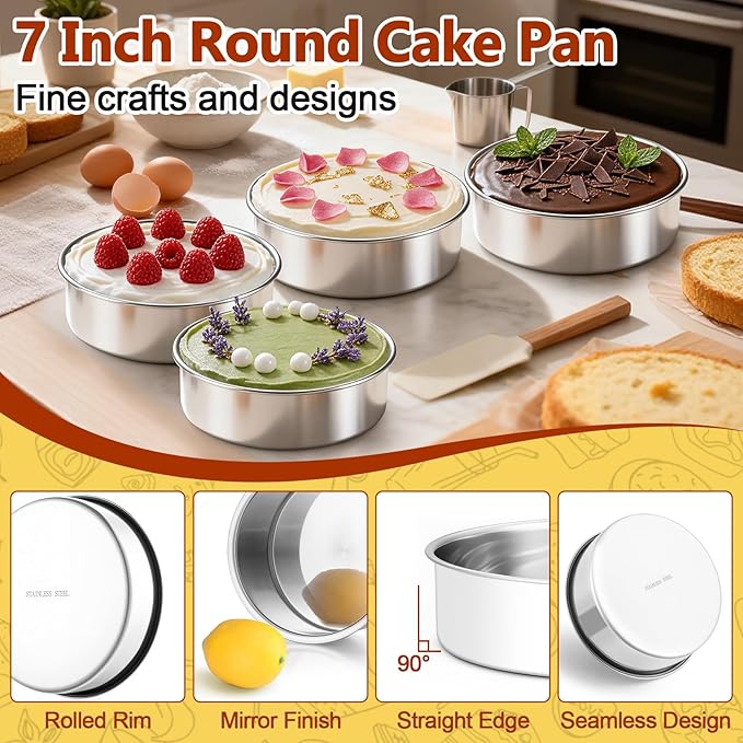 P&P CHEF 7 Inch Cake Pan Set of 4, 4 Pieces Round Layer Cake Baking Pans, Stainless Steel Smash Cake Tin Bakeware for Cooking Steaming, Nontoxic & Sturdy, Oven & Dishwasher Safe