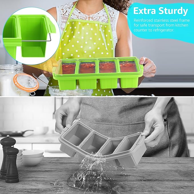 Ztomine Silicone Freezer Tray With Lid - Silicone Freezer Food Molds- Large Ice Cube Tray,Silicone Freezer Container,Freeze & Store Soup, Sauce, Broth,Leftovers - Makes 4 Perfect 1 Cup