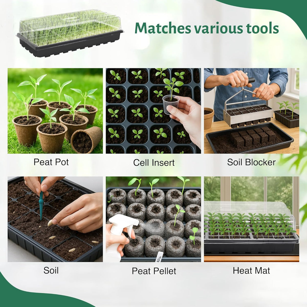 MIXC 5 Pack 1020 Seed Starter Trays with 3.6" Humidity Dome Plant Growing Tray Germination Seed Starting kit, Mini Greenhouse with Handle for Cloning Plant
