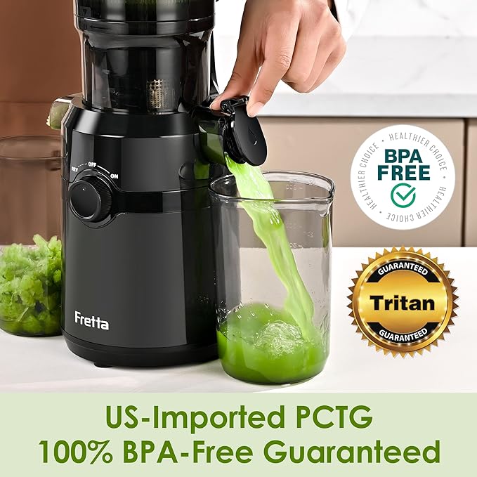 Juicer Machines,Fretta Cold Press Juicer Machines with American-Sourced PCTG Material,Fit Whole Fruits & Vegetables,Easy to Clean,Truly BPA-Free,Silver