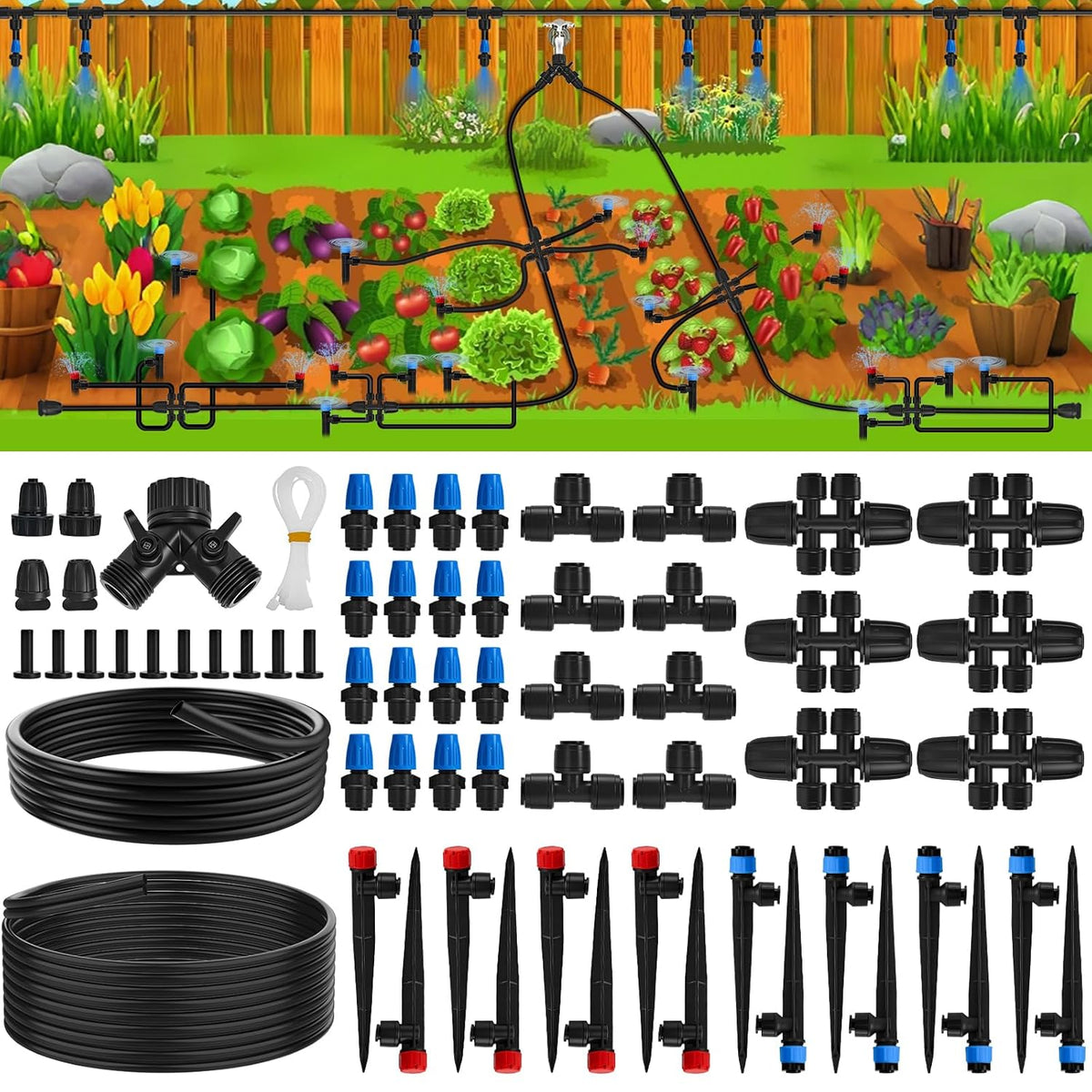 200 FT Quick-Connect Drip Irrigation System Kit, Automatic Garden Watering Misting System for Greenhouse, Lawn, Flower Bed with Irrigation Tubing, Hose Splitter 2 Way, Adjustable Drip Emitters