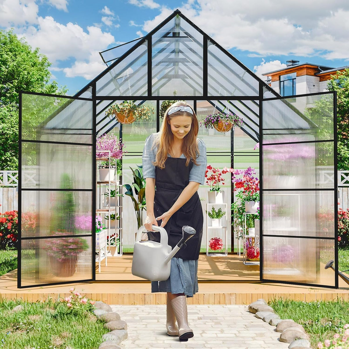 JULY'S SONG 10x12 FT Greenhouse for Outdoor, Large Easy Assembly Heavy Duty Polycarbonate Panels Aluminum Frame Walk-in Green House with 2 Windows Wider Door for Garden Plants Outside