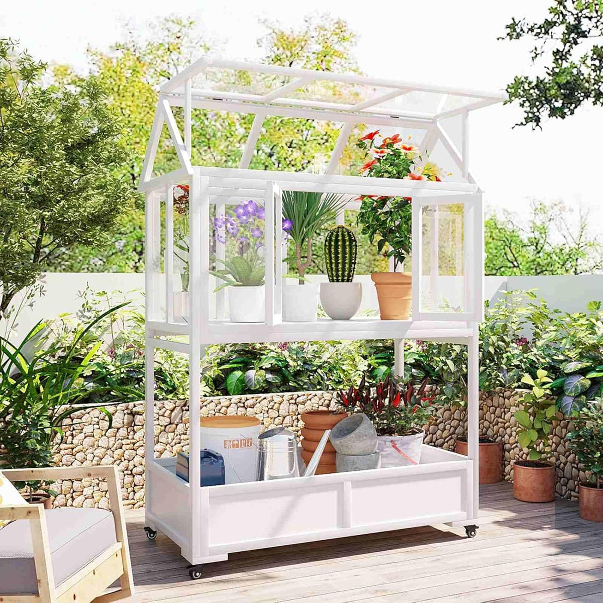 Wooden Cold Frame Greenhouse with Wheels, Portable Fir Garden Plant House with Storage Box, Openable Roof for Seedlings, Herbs, Winter Crops, Perfect for Patio, Balcony, Garden