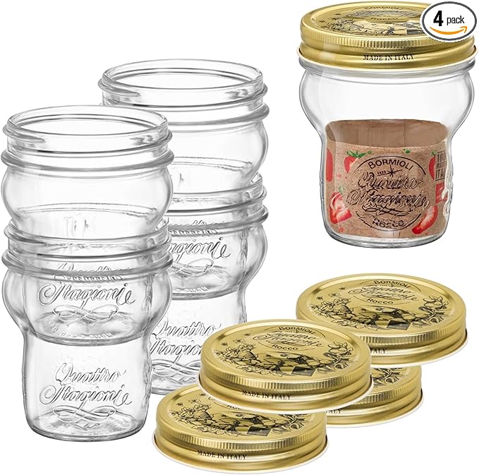 Bormioli Rocco Quattro Stagioni Stacking Jar (Set of 4) - 9.25 Oz Glass Jar - Nestable & Stackable, Wide‑Mouth for Canning, Serving & Storing - Dishwasher & Freezer‑Safe Glass Container, Made in Italy