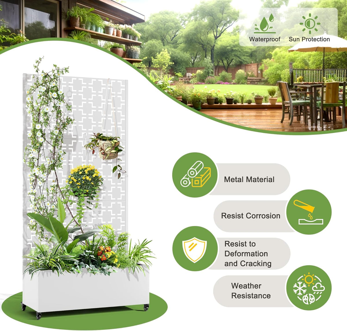 FENCY Metal Raised Garden Bed with Wheels and Trellis,73"x35"x16" Planter Box for Climbing Plants, Vegetables & Vines, Features Privacy Screen and Drainage Holes (White-Square)