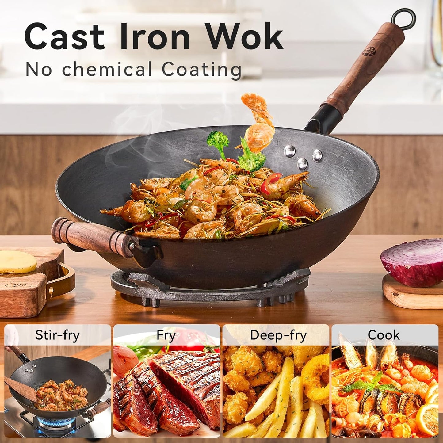 WANGYUANJI Cast Iron Pot,13.4 inch Craft Wok Chinese Wok,Flat Bottom Iron Woks with Lid,Fry Pan Suitable for Induction, Electric, Gas, Halogen All Stoves-Black