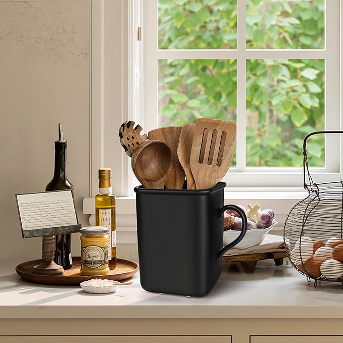 2026 Upgraded Vintage Kitchen Utensil Holder - Ceramic Utensil Crock Large Capacity Anti-tip, Modern Countertop Organizer for Farmhouse/Rustic/Contemporary Kitchen Decor(Matte Black)