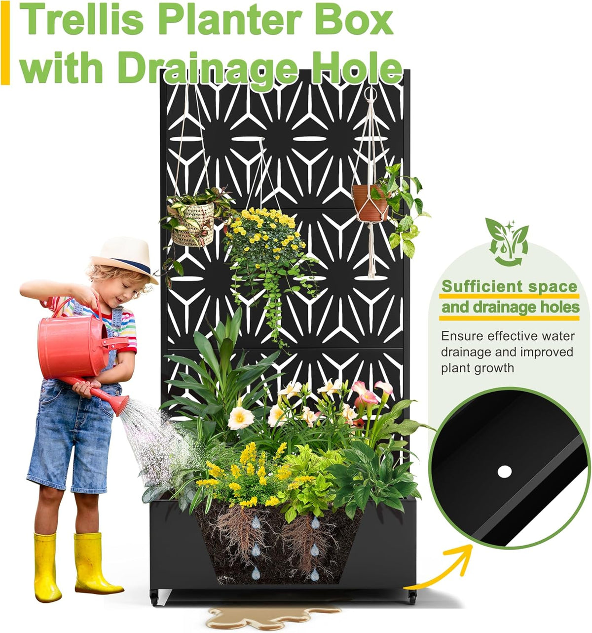 FENCY Metal Raised Garden Bed with Wheels and Trellis,73"x35"x16" Planter Box for Climbing Plants, Vegetables & Vines, Features Privacy Screen and Drainage Holes (Black-Star)