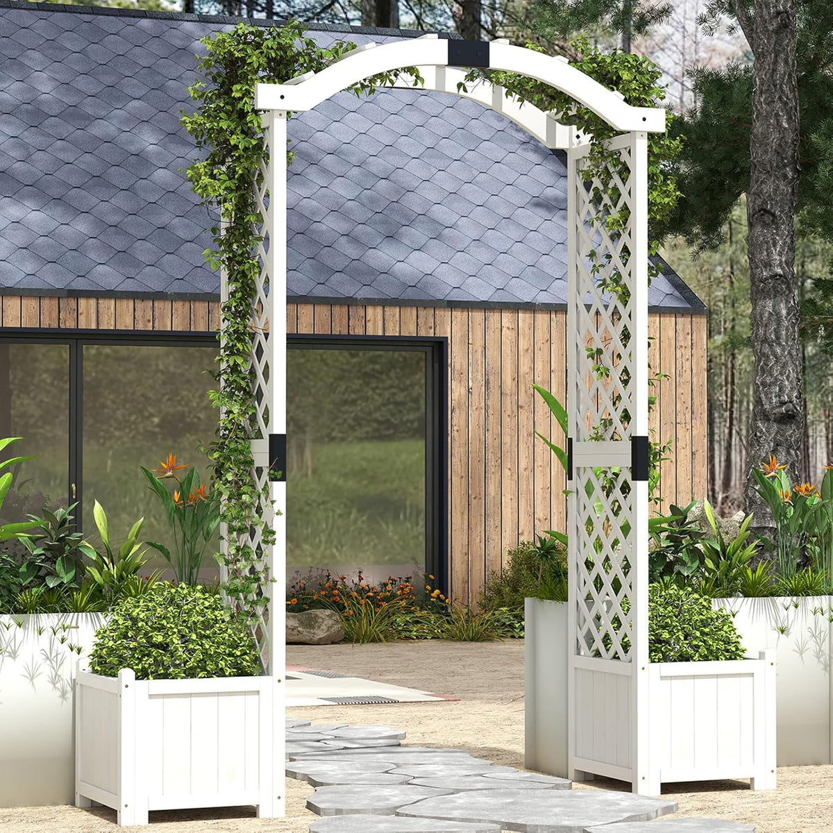 Giantex Garden Arbor with Planter Boxes, Wooden Arch with Trellis and Raised Garden Bed for Climbing Vine Plants Vegetables Herbs, Decorative Arbor Archway for Wedding, Ceremony, Party (White)