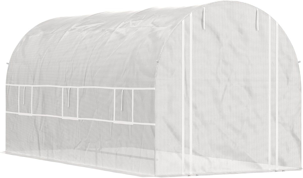 Outsunny 15' x 7' x 7' Walk-in Tunnel Greenhouse, Large Heavy Duty Garden Hot Green House Kit with 6 Roll-up Windows & Roll Up Door, Steel Frame for Garden Plants, White