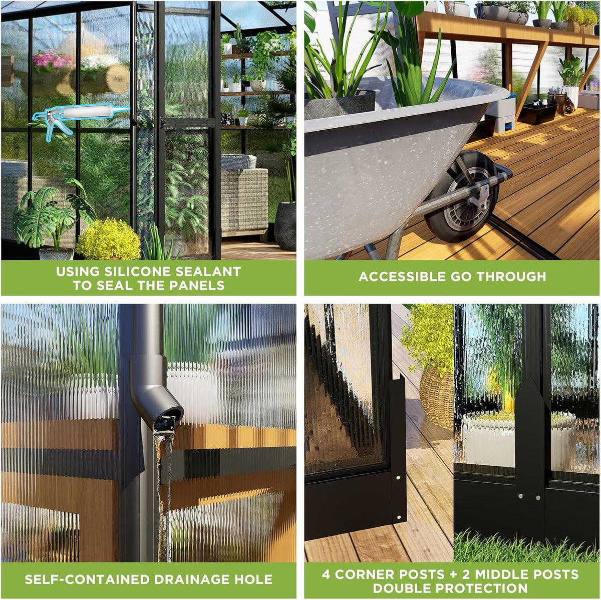 HOWE 8x12x7.5 FT Polycarbonate Greenhouse Double Swing Doors 4 Vents 5.2FT Added Wall Height, Walk-in Large Aluminum Greenhouse Sunroom Winter Greenhouse for Outdoors, Black