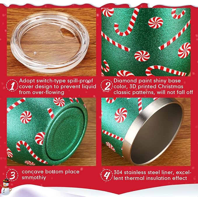 Sliner 6 Pack Pack Christmas Glitter Tumbler Bulk, 12 oz Holiday Wine Tumbler Set Stainless Steel Insulated Sparkling Glitter Cup with Lids Straws and Brushes Travel Mug Xmas Gift (Snowman Style)
