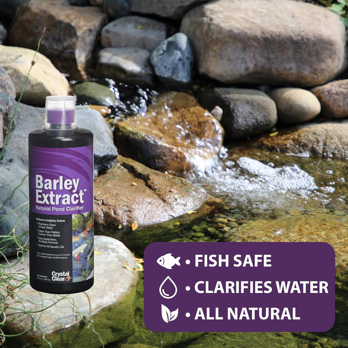 CrystalClear Barley Extract Water Garden & Fountain Clarifier, Natural Liquid Concentrate to Treat Cloudy Ponds, Koi Fish, Plant & Pet Safe, 2.5 Gallon