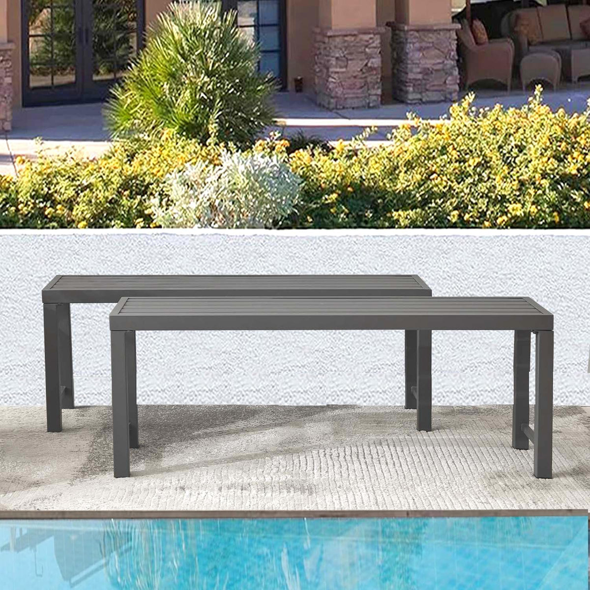 Outdoor Metal Backless Bench Set of 2, 46" Patio Garden Bench for Outdoor, All Wheather Outdoor Bench for Garden, Backyard, Porch, Grey
