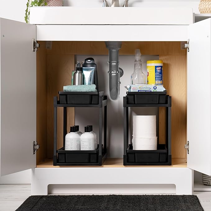 IRIS USA Under Sink Organizer, 2 Pack, Pull Out Under Cabinet Organizers and Storage, Kitchen Shelf Pantry Bathroom Under Counter, Cleaning Supplies, Vertical Spice Rack Slide Out Drawer, Easy Install