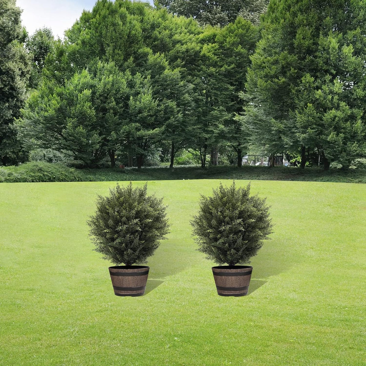 21” Artificial Cedar Outdoor Artificial Shrub Sunlight Resistant Leafy Potted Plant for Indoor Porch of Home and Office Artificial Outdoor Tree 2 Pieces a Set Topiary Trees