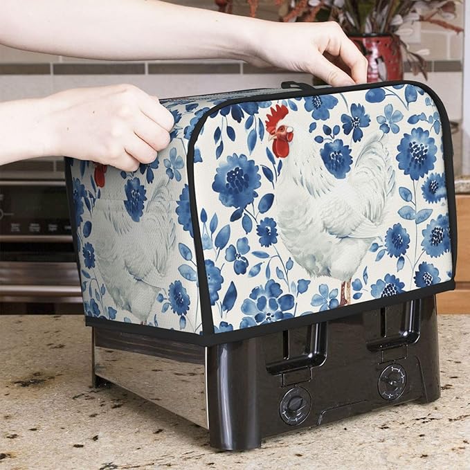White Rooster On Blue Toaster Cover 2 Slice, Cute Rural Bread Machine Cover, Washable Dust-Proof Cover for Kitchen Small Appliance Cover,with Top Handle