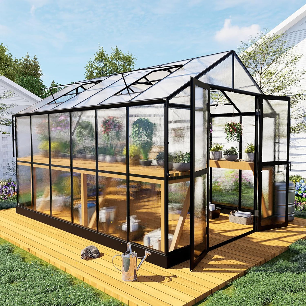 HOWE 8x12x7.5 FT Polycarbonate Greenhouse Double Swing Doors 4 Vents 5.2FT Added Wall Height, Walk-in Large Aluminum Greenhouse Sunroom Winter Greenhouse for Outdoors, Black