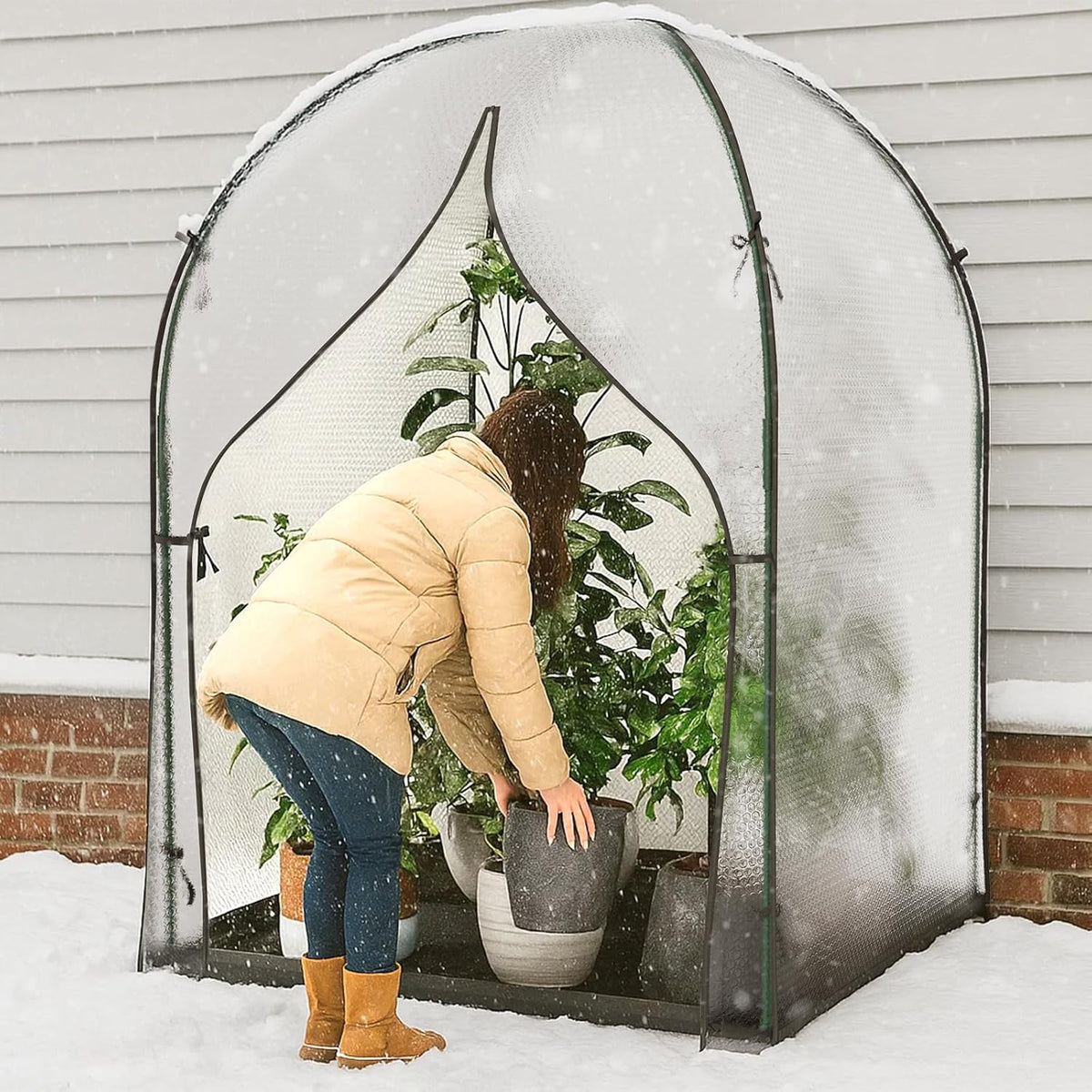 SUNYRISY Greenhouse for Outdoors with Waterproof Pad, Thick Bubble Film Cover Portable Small Mini Green House Kit for Outside, Walk in Zippered Door Grow Tent Plant Cover, 47" L x 47" W x 71" H