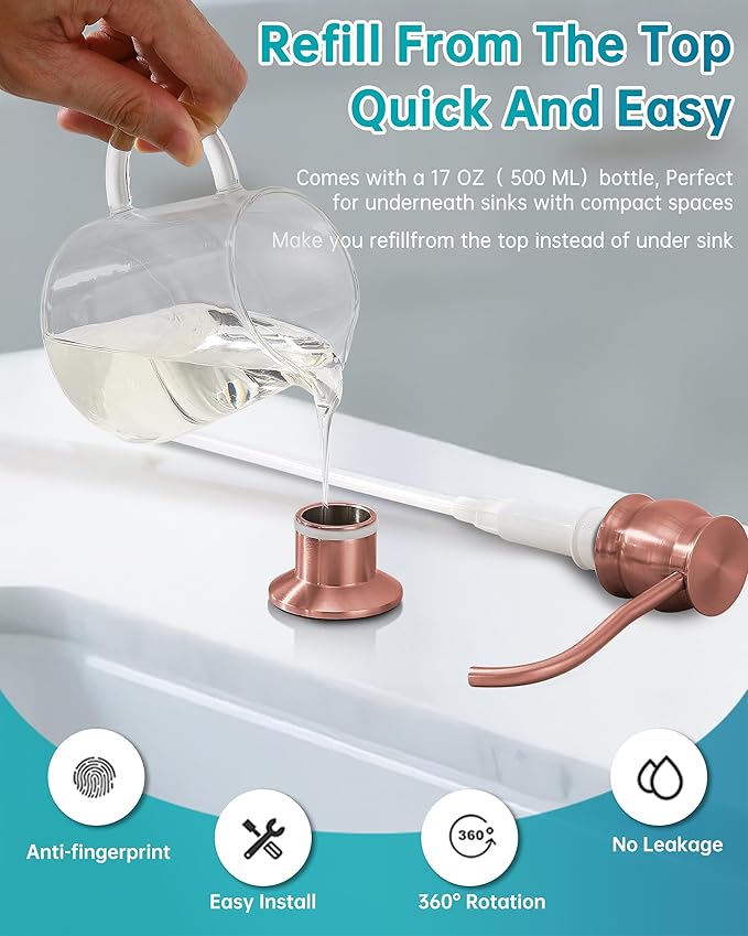 Brass Kitchen Soap Dispenser, Red Copper in Sink Liquid Dish Soap Dispenser with High Capacity 500ML （17oz） ABS Bottle, Under Sink Hand Metal Dispenser Pump