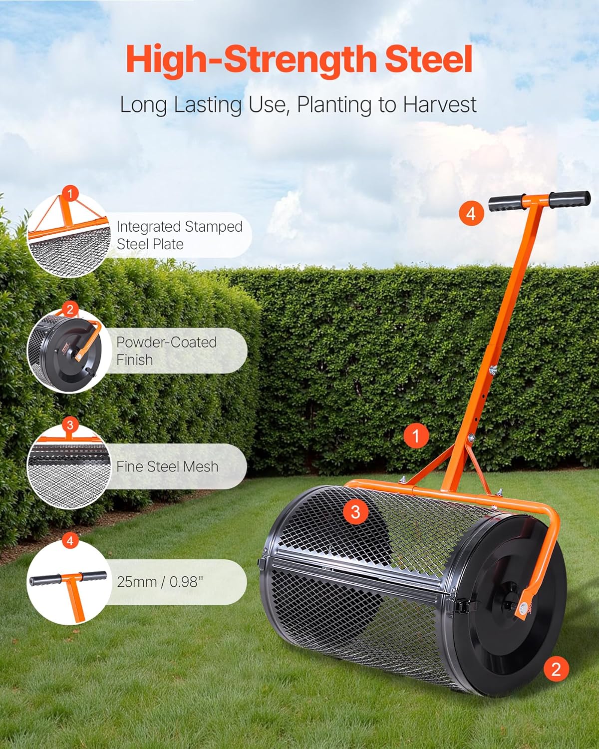 VEVOR Compost Spreader, 24 in Wide Peat Moss Spreader with T Shaped Handle, 3 Heights Adjustable, Powder-Coated Steel Garden Peat Moss Roller, Heavy Duty Grass Seed Spreaders for Planting Seeding