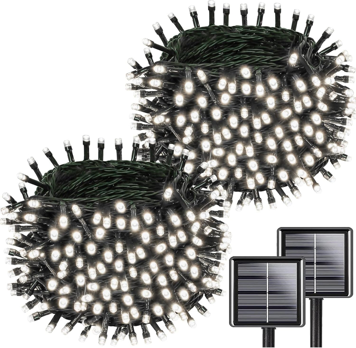 Solar String Lights Outdoor Waterproof 2PK 200LED 66FT Twinkle Lights Auto On/Off Solar Powered LED Fairy Light Green Wire with 8 Modes for Christmas Tree Party Wedding Garden Decoration (Cool White)