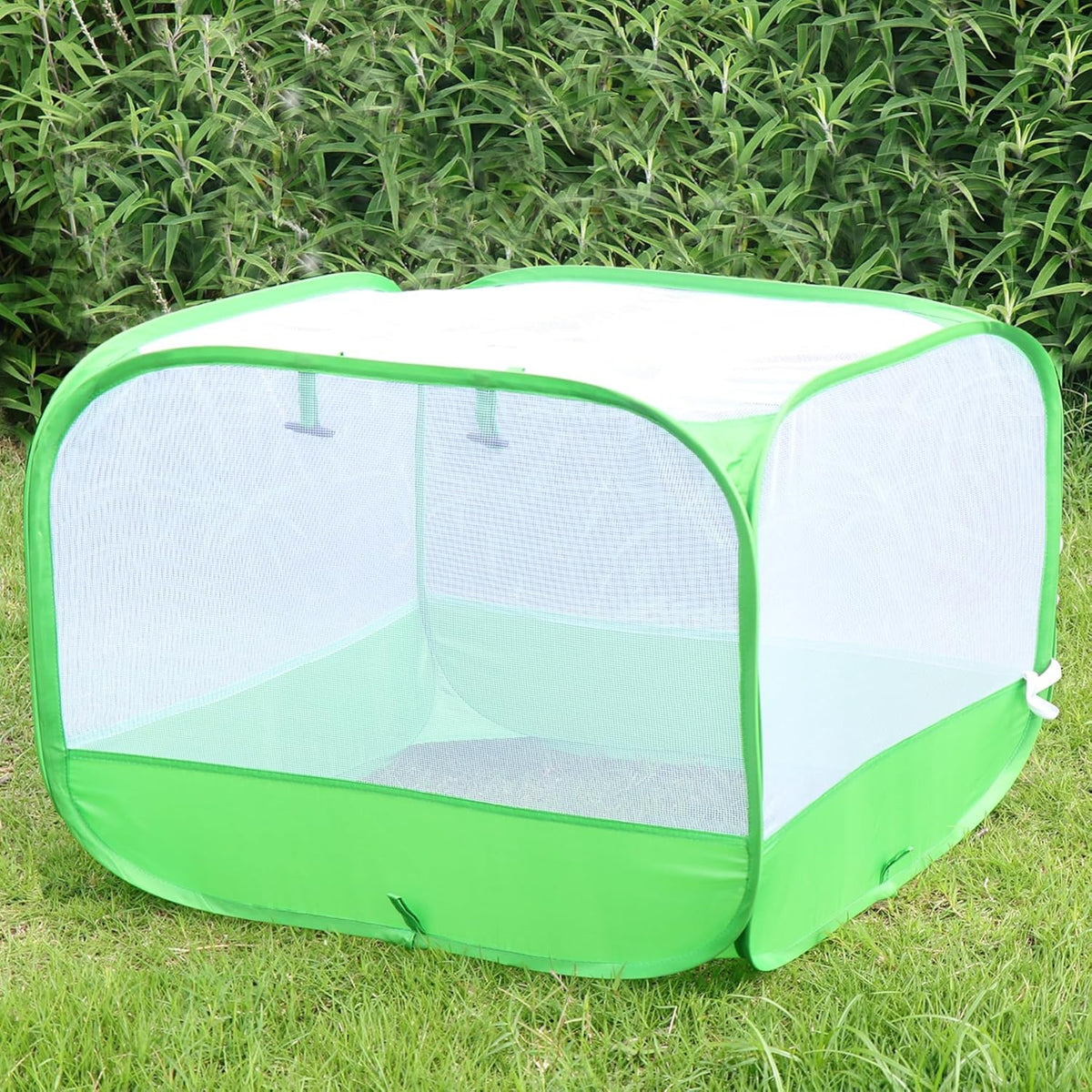 Mesh Plant Cover for Outdoor, Plant Netting Protector Garden Enclosure Cloche for Fruit, Vegetables, Strawberry, Flowers and Herbs Pop-Up Cage with 4 Stakes (White with Green, 39.4" x 39.4" x 19.7")