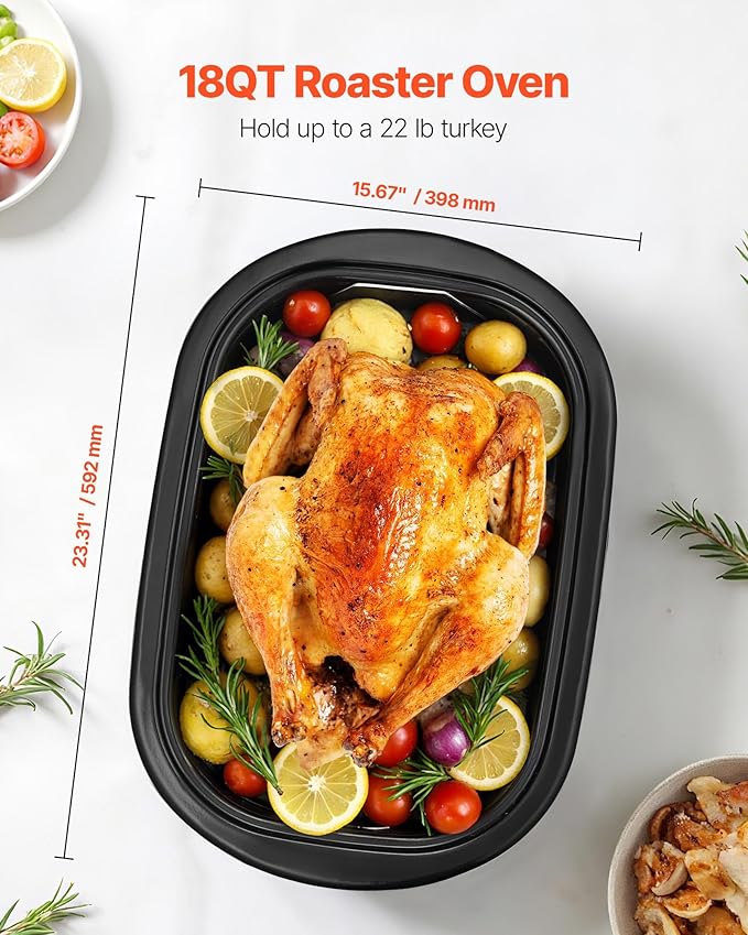 VEVOR Roaster Oven, 18QT Electric Roaster Oven, 150-450℉ Adjustable Temperature Electric Roasting Pan, Multifunctional Electric Roasters with Self-Basting Lid, Removable Pan and Rack for Holiday