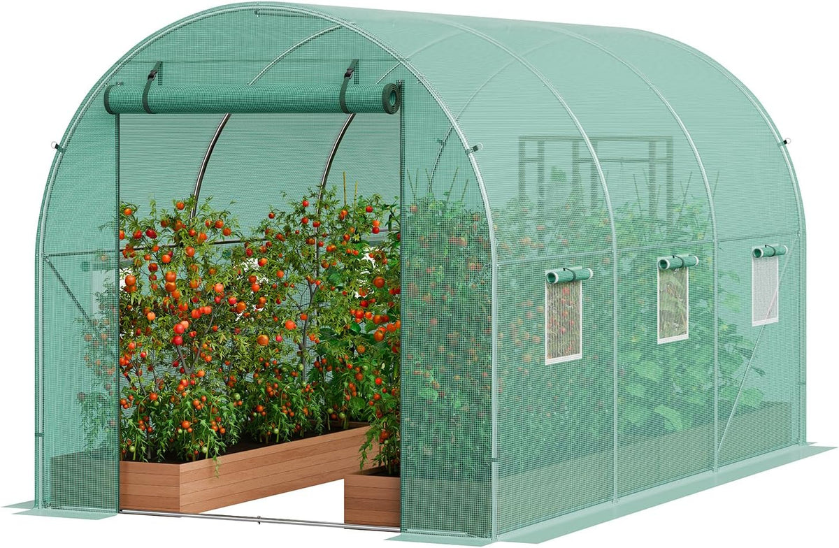 VEVOR Walk-in Tunnel Greenhouse, 11.3x6.4x6.3 ft Hoop House Greenhouse Tunnel, Plant Hot House with Galvanized Steel Frame, Green PE Cover, Roll-up Zipper Door and 6 Windows for Outdoor