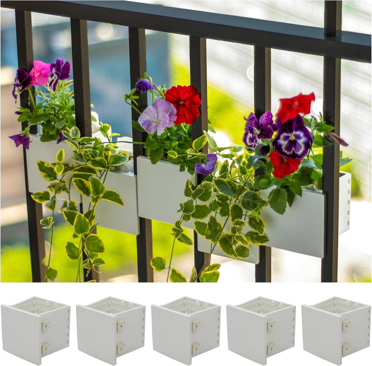 Railing Planter 5-Pack, White (4-inch) | Tool-Free Space-Saving Floating Flower Pots for Balcony Railings | Vertical Garden Railing Planters | UV-Protected, Made in USA