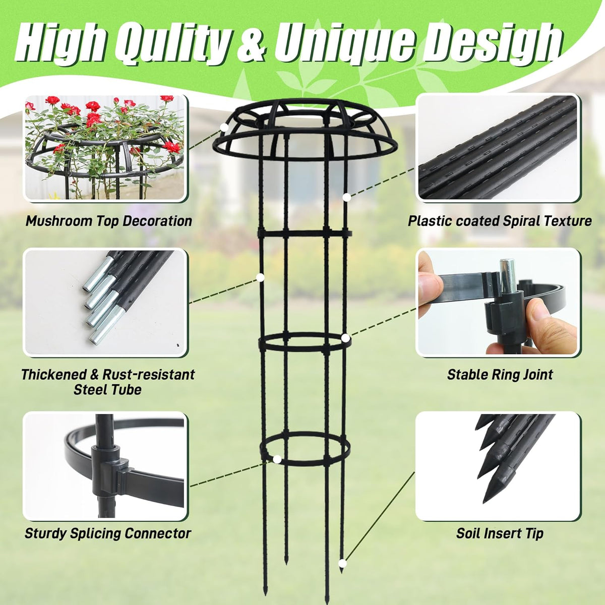 Garden Trellis for Climbing Plants Outdoor, 53 Inch Mushroom Top Trellis for Climbing Plants, Metal Plant Flower Trellises for Vine Grape Vegetable Cucumber Tomato Trellis, 1 Pack