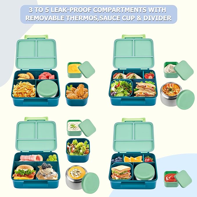 Bento Lunch Box for Kids with 8oz Soup Thermo, Leak-proof Lunch Food Containers with 5 Compartment, Insulated Lunch Bag & 17oz Stainless Steel Water Bottle for School, Trvael