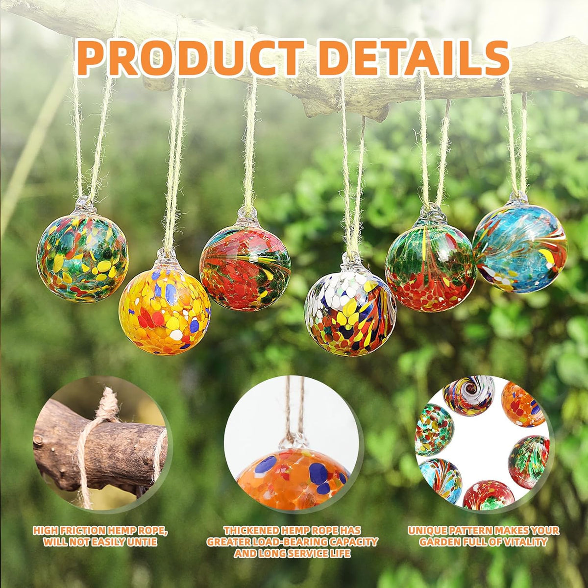 VOREEN 6pcs Hand-Blown Glass Ornaments Balls Hanging Gazing Ball Friendship Ball Glass Witches Balls for Outdoor Garden Patio Window Home Décor, Gift for Mom Wife Friend