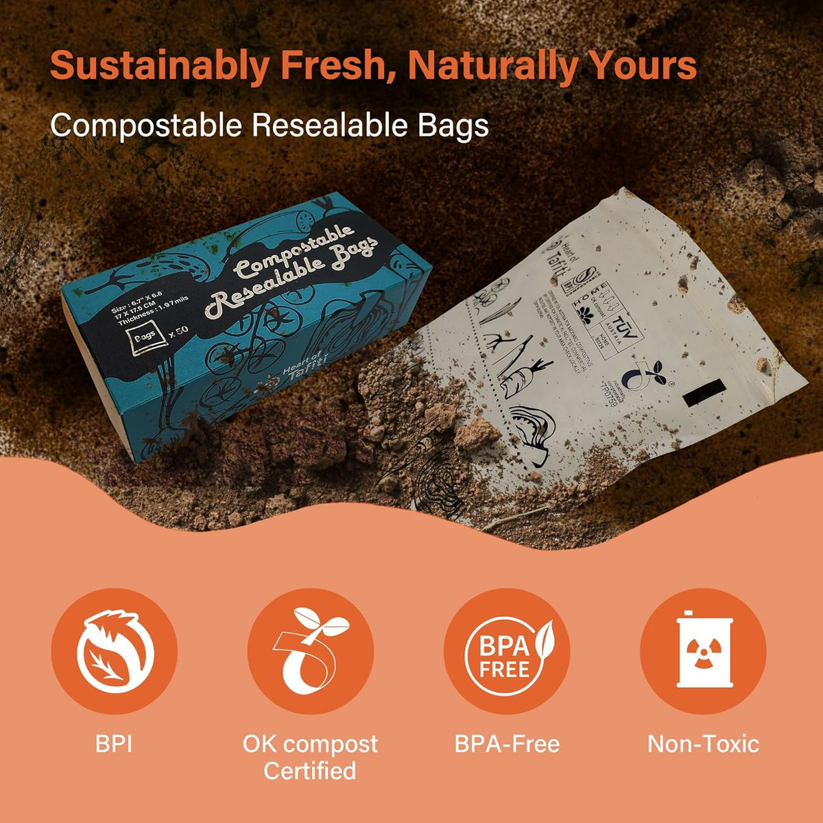 Compostable Food Storage Bags, Resealable Sandwich Bags, 100 Count, 6.7 x 6.8 inches, Extra Thick and Reusable, Eco-Friendly, Certified US BPI ASTM D6400 Europe OK Compost