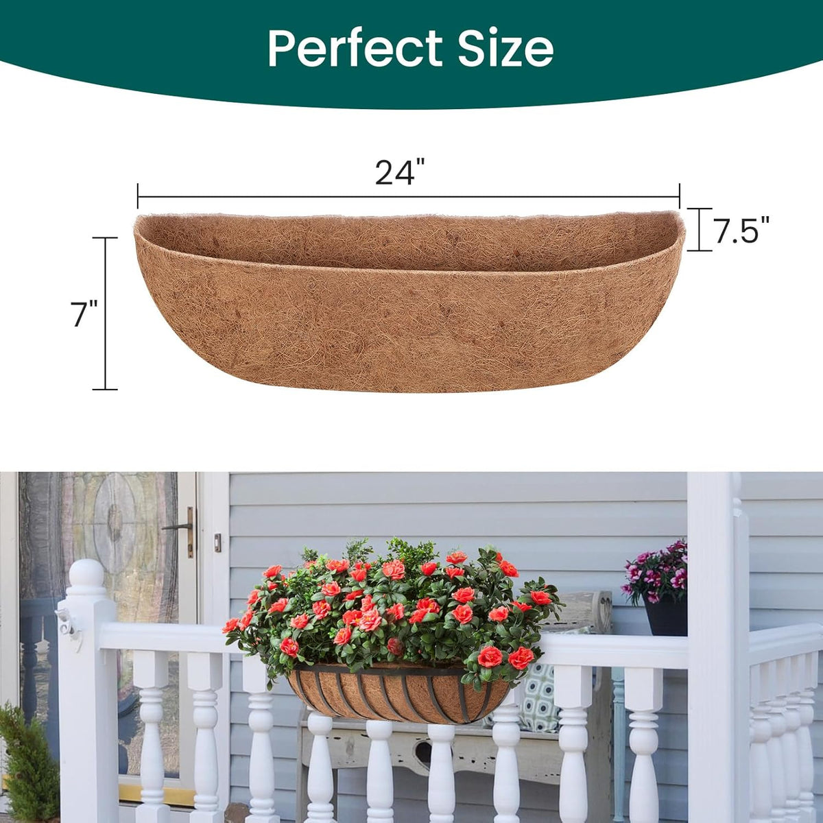 4 Packs 24 inch Hanging Basket Liner Trough Coco Coir Liner for Planter Replaceable Natural Coconut Fiber for Hanging Baskets Window Box Garden Fence Flower Pots Outdoor Indoor (4Pcs 24 inch)