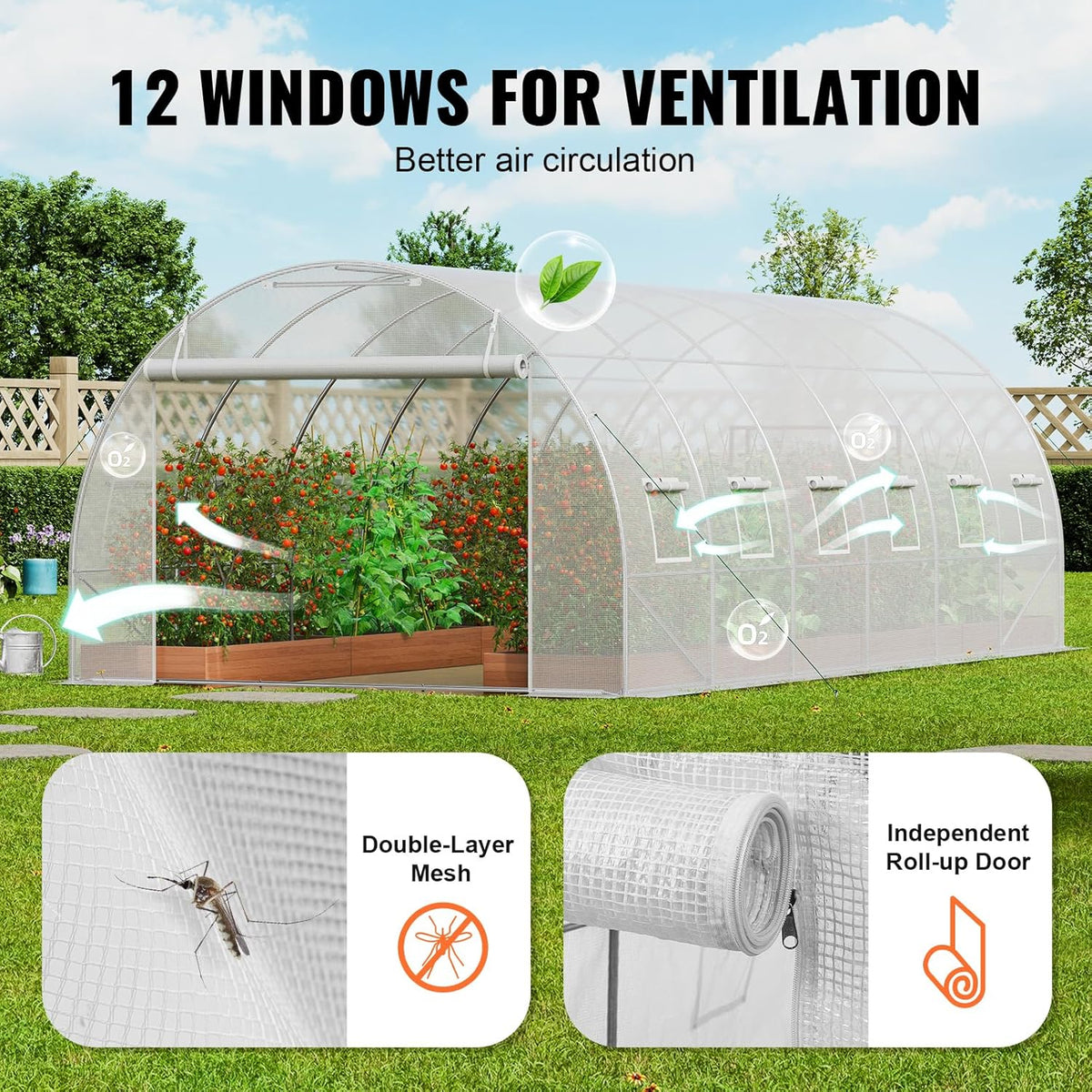 VEVOR Walk-in Tunnel Greenhouse, 19.4x9.7x6.5 ft Hoop House Greenhouse Tunnel, Plant Hot House with Galvanized Steel Frame, White PE Cover, Roll-up Zipper Door and 12 Windows for Outdoor