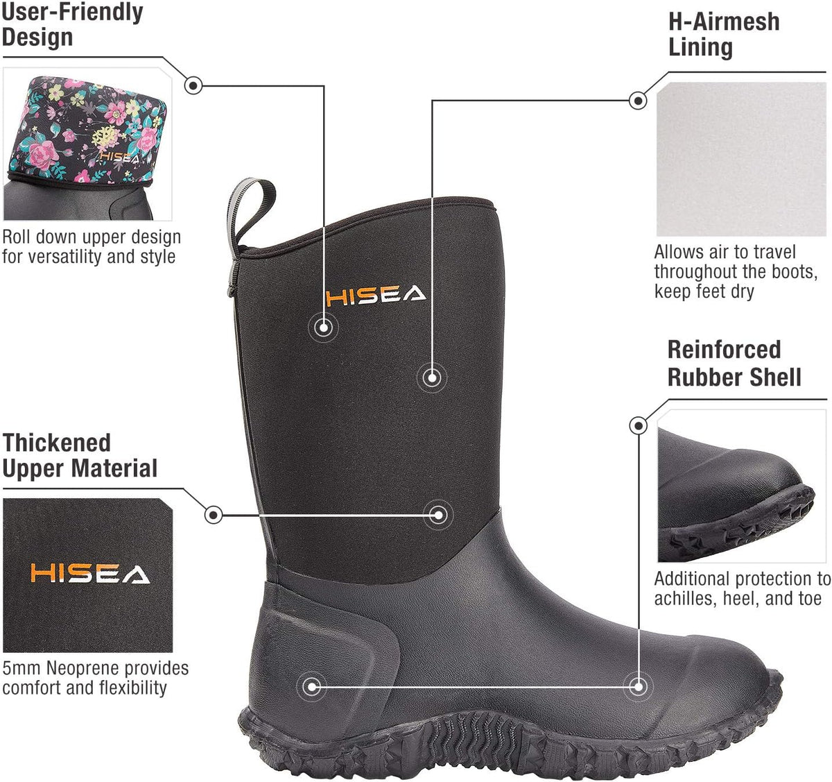 HISEA Women's Rubber Garden Boots Waterproof Insulated Yard Gardening Shoes Mid Height for Mud Working Outdoor