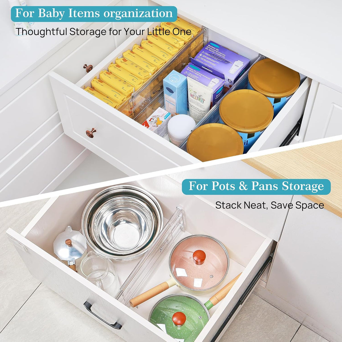 Vtopmart 4 Pack 6" Tall Upgrade Drawer Dividers for Big and Deep Drawer, 12.8"-22.3" Adjustable Expandable Dresser Drawer Organizer, Clear Plastic Separators for Dresser, Baby Supplies, Kitchenware
