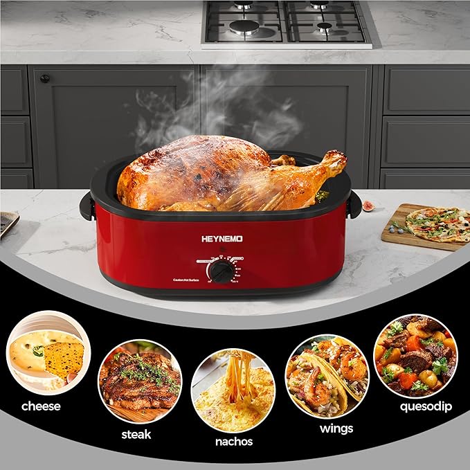 18 Quart Roaster Oven with Self-Basting Lid, Electric Turkey Roaster Oven with Defrost & Warm Function, Adjustable Temperature, Removable Pan & Rack, Stainless Steel, Red