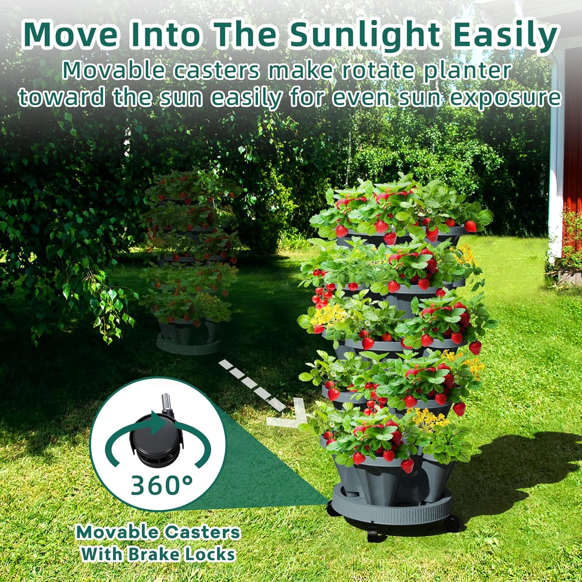 Strawberry Vertical Planters Tower Garden, 7 Tiered Stacking Herb Vegetable Planter with Support Pole Indoor and Outdoor - Dark Grey