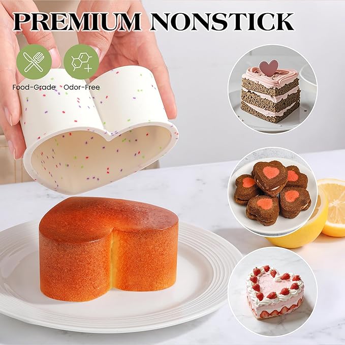 6 Inch Heart Shaped Cake Pans Small Heart Cake Pan Nonstick Silicone Molds for Baking Set of 3 (Cream)