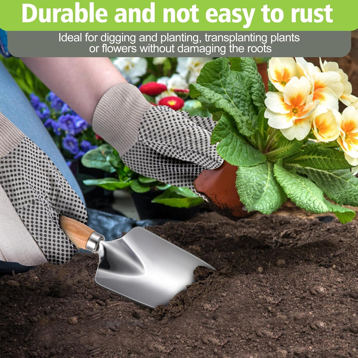 Garden Tools 5-Pieces, Heavy Duty Gardening Hand Tools with Wooden Handle, Canvas Gloves, Stainless Steel Material, Rust-Proof Garden Tool Set, Ideal Gardening Gifts for Women