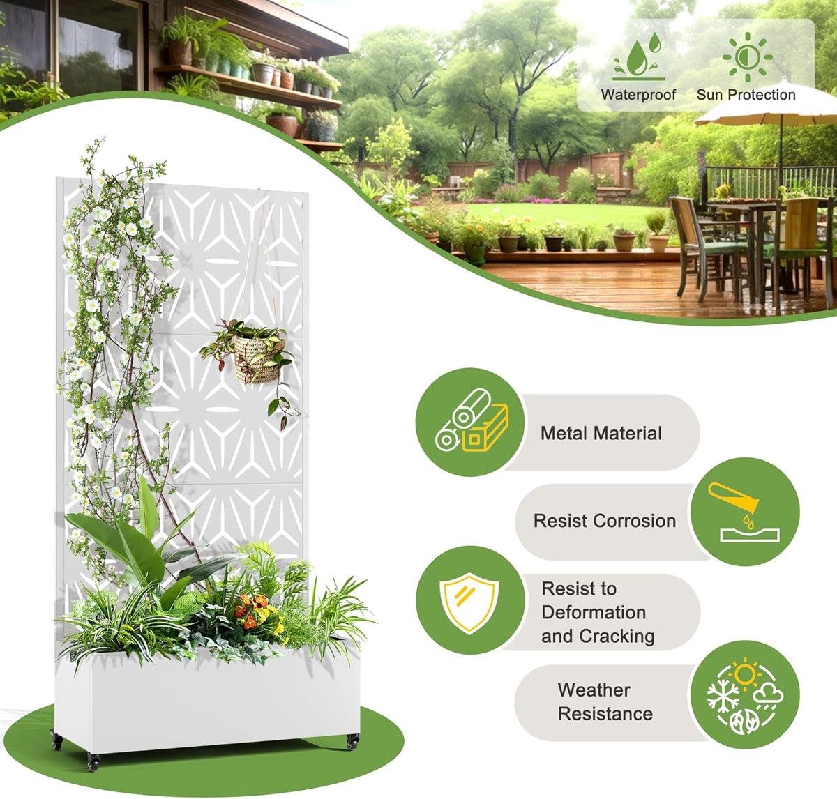 FENCY Metal Raised Garden Bed with Wheels and Trellis,73"x35"x16" Planter Box for Climbing Plants, Vegetables & Vines, Features Privacy Screen and Drainage Holes (White-Star)