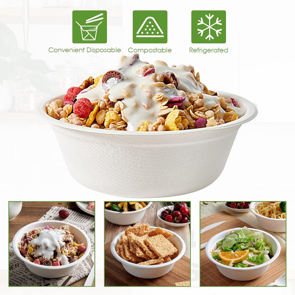 Vplus 180 Pack 16 OZ Paper Bowls, Disposable Compostable Bulk, Eco-friendly Bagasse, Heavy-duty Bowls Perfect for Milk Cereals, Snacks, Salads