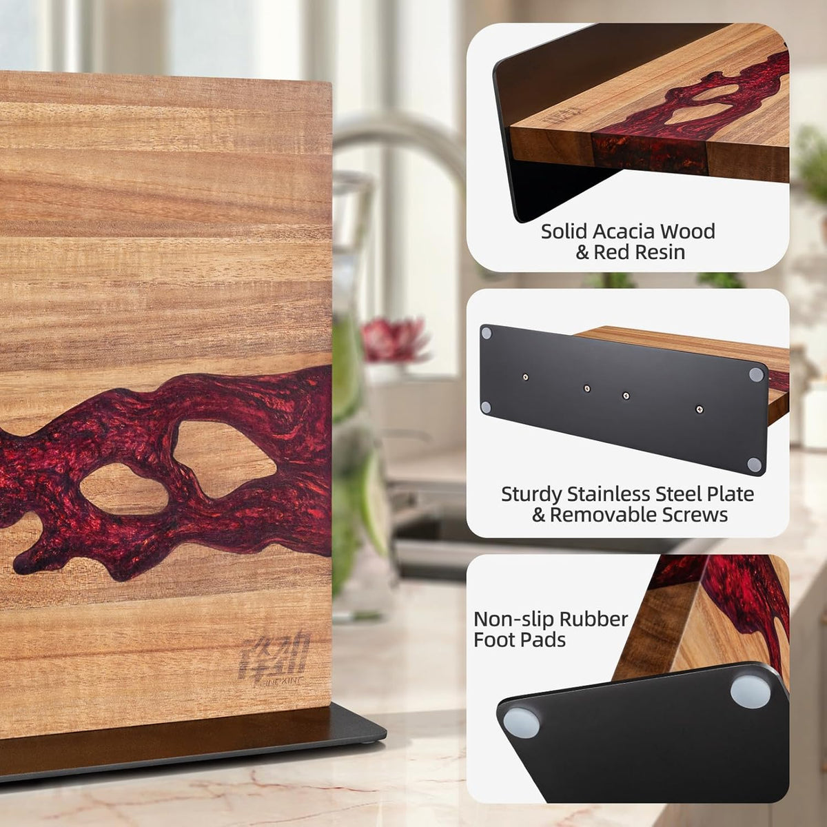 FINDKING Magnetic Knife Block, Double Sided Holder, Powerful Magnet Kitchen Storage, Acacia Wood and Red Resin (12 x 10 Inches, Without Knives)