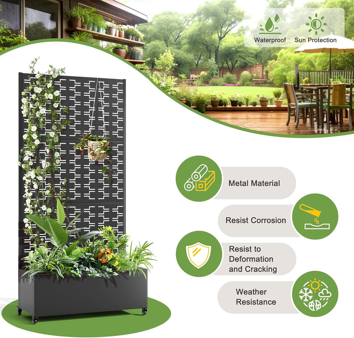 FENCY Metal Raised Garden Bed with Wheels and Trellis,73"x35"x16" Planter Box for Climbing Plants, Vegetables & Vines, Features Privacy Screen and Drainage Holes (Black-Brick)